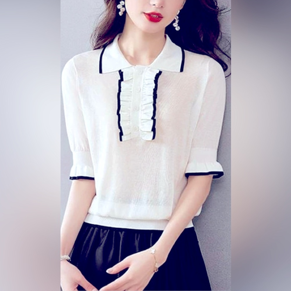 Women’s White Collar casual blouse . Puff Short sleeves .